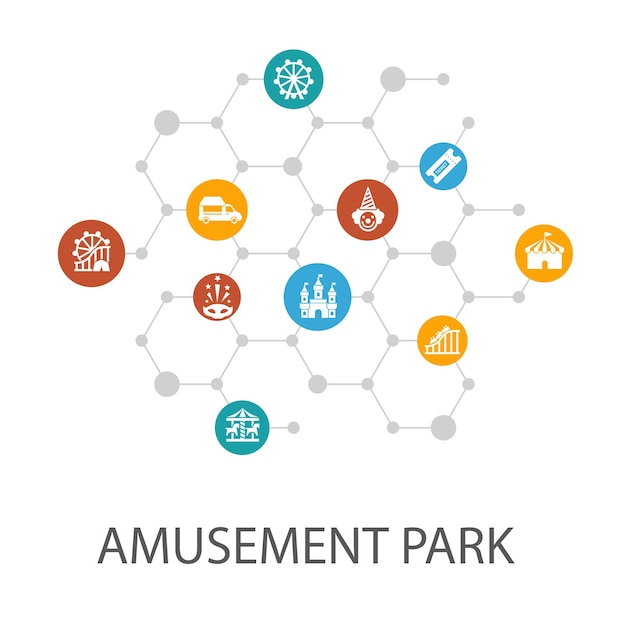 Amusement park presentation template cover layout and infographics Ferris wheel Carousel Roller coaster carnival icons