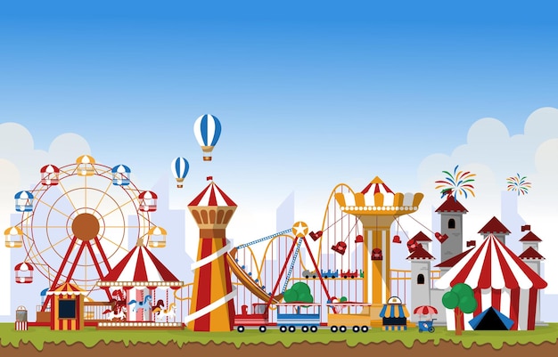 Vettore parco divertimenti rides fun fair carnival flat vector illustration