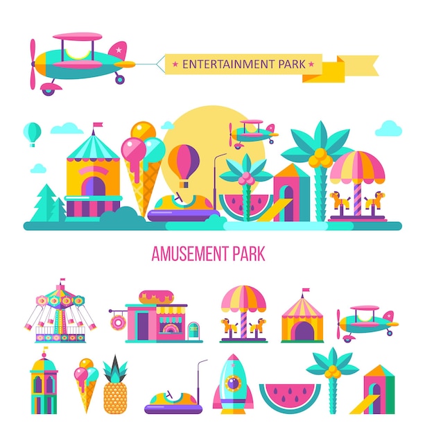 Vector amusement park, rides. vector illustration.