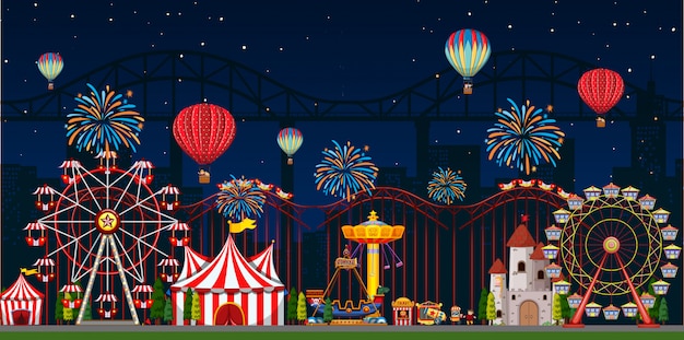 Vector amusement park scene at night with balloons and fireworks