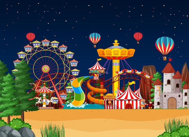 Vector amusement park scene at night with balloons in the sky