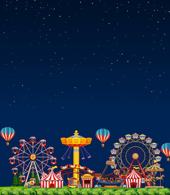 Vector amusement park scene at night with blank dark blue sky