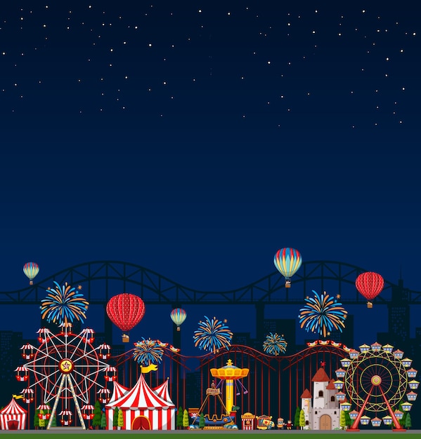 Amusement park scene at night with blank dark blue sky