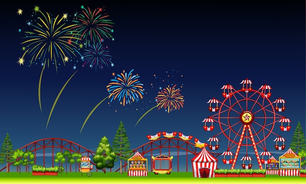 Amusement park scene at night with fireworks