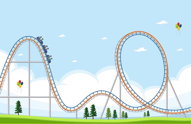 Vector amusement park scene with roller coaster