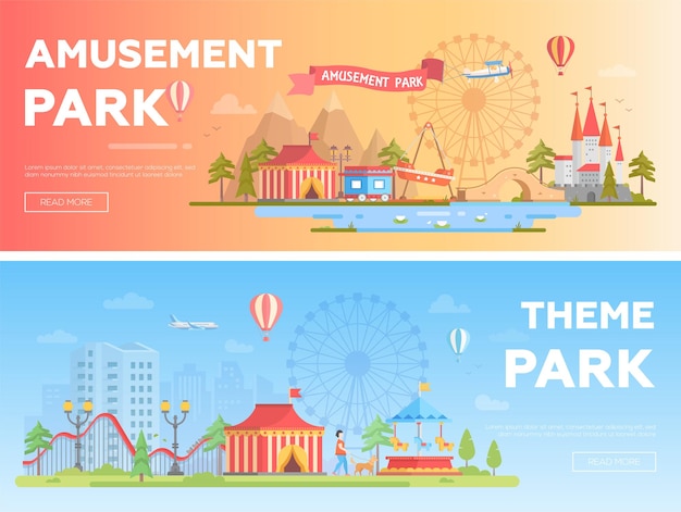 Parco divertimenti - set di illustrazioni vettoriali piatte moderne con posto per il testo. due varianti di luna park. incantevole paesaggio urbano con attrazioni, casa, grande ruota, stagno, montagne russe. colori arancioni e blu