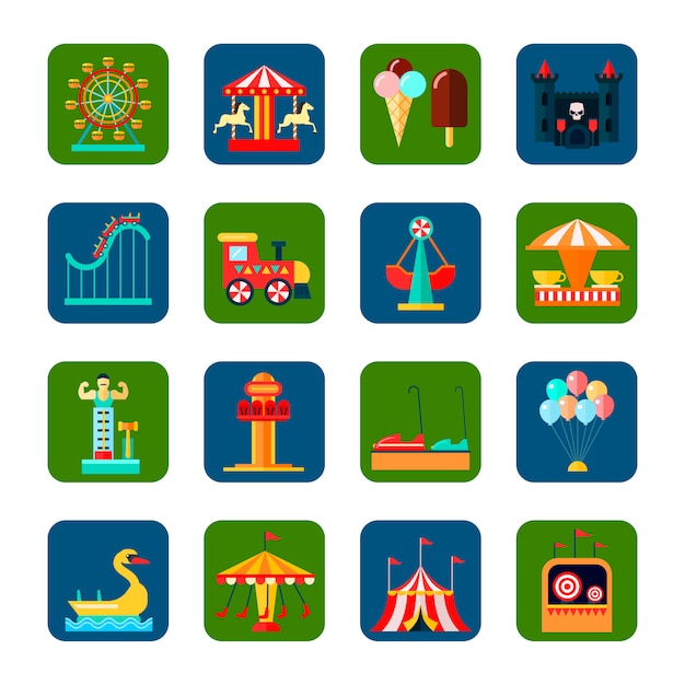 amusement park square icons set with weekend symbols flat isolated vector illustration 