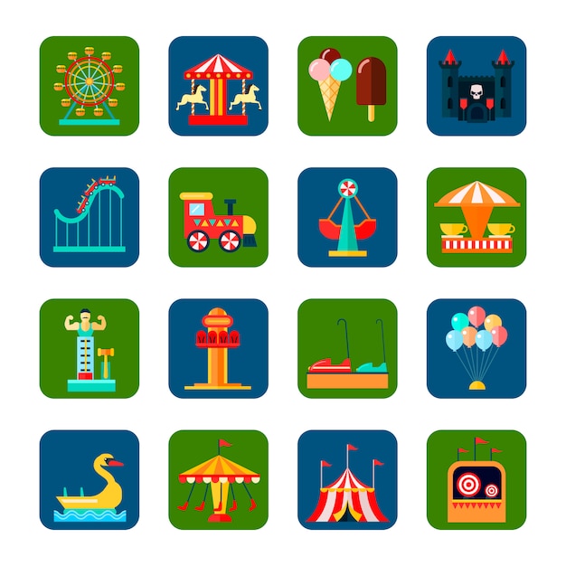 Vector amusement park square icons set with weekend symbols flat isolated vector illustration