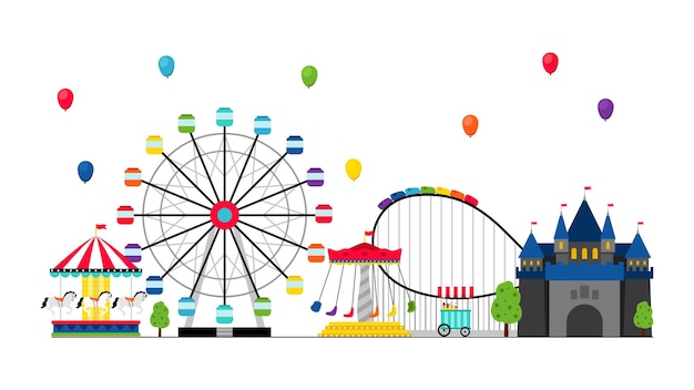 Vector amusement park with balloons in sky