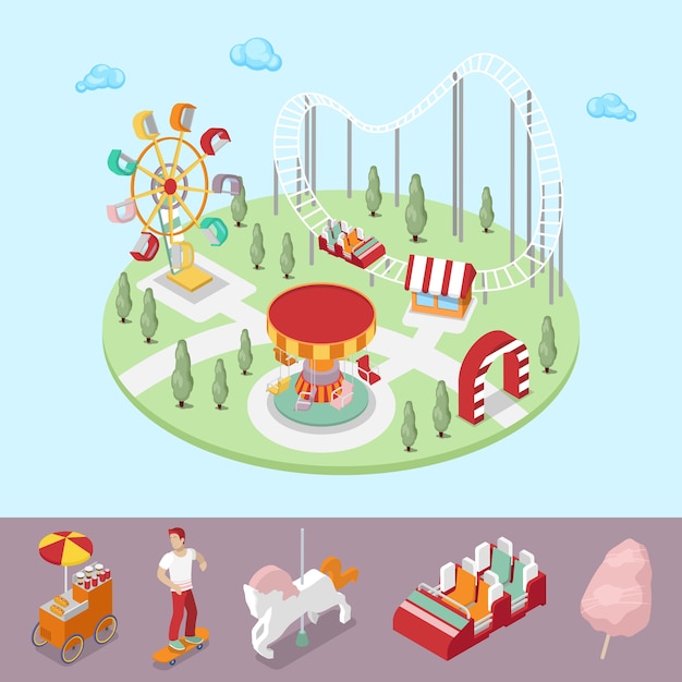 Amusement park with carousel, ferris wheel and rollercoaster. vector isometric 3d flat illustration