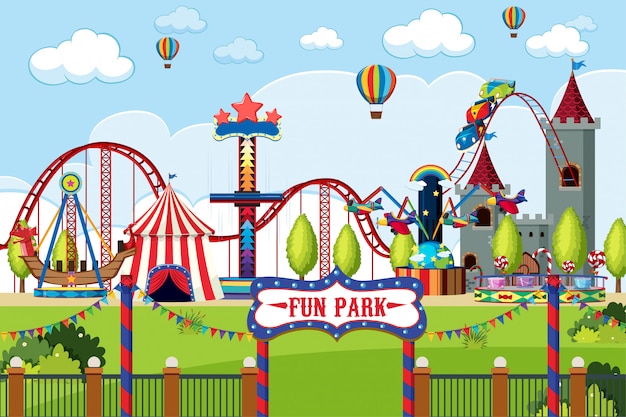 Amusement park with many rides at day time