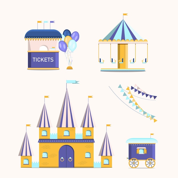 Amusement park with swing castle cash desk trailervector illustration