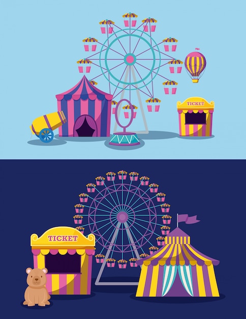 Amusement park with tents circus and icons