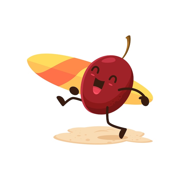 Amusing cartoon plum with surf board on beach