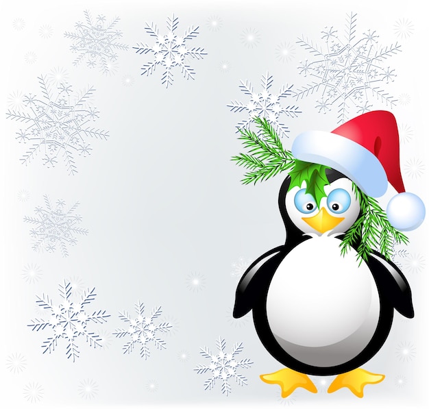 Amusing  penguin with Santa Claus hat and place for inscription