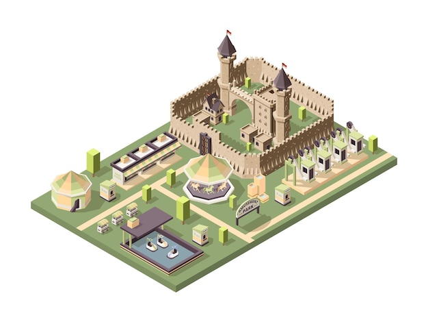 Amusment park. isometric attractions with medieval castle\
circus ferris wheel and roller coaster fun landscape.