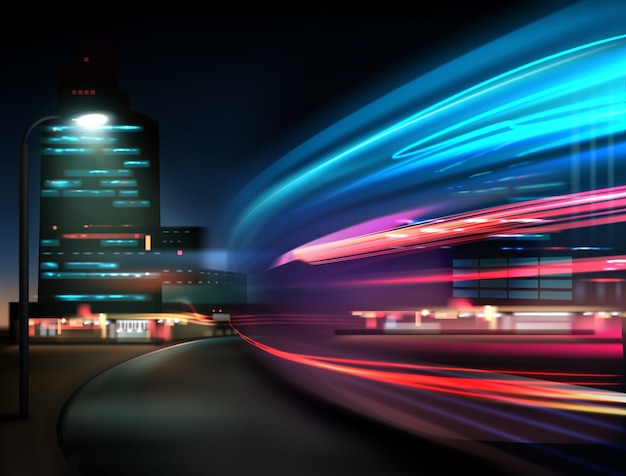 Вектор Абстрактное движение транспорта, автомобильные огни ночью в длительной выдержке на фоне города