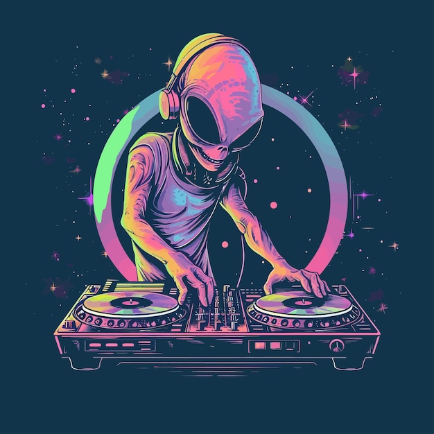 Vettore un_alien come_un_dj_al_turntable_suonando_musica