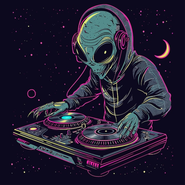 Vector an_alien_as_a_dj_at_the_turntable_playing_music