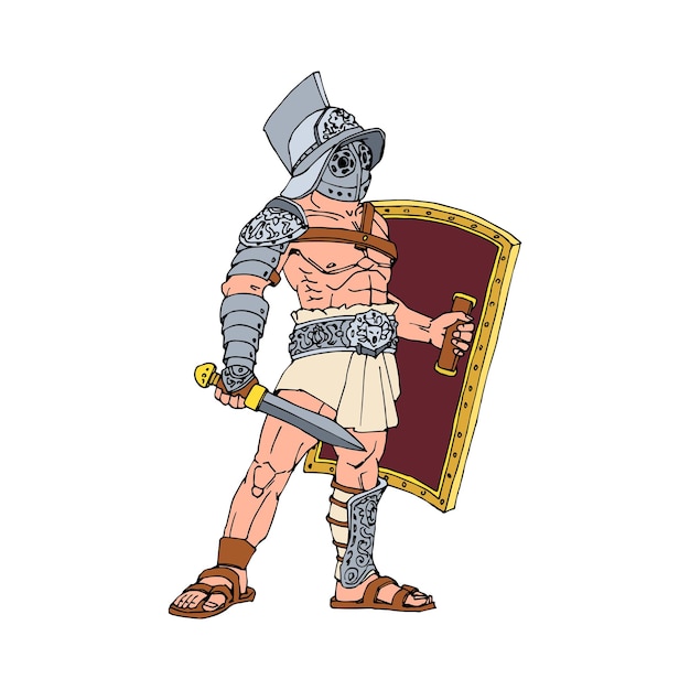 ベクトル グラディウスと重い盾を持つ古代ローマの剣闘士
