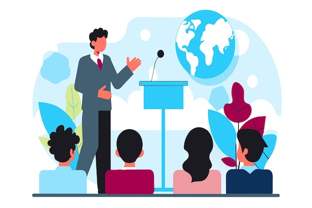 Вектор an animated speaker addresses an attentive audience against a global backdrop