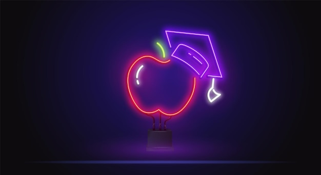 Яблоко в неоновой иконе шляпы студента конфедерации. простая тонкая линия, контур вектора школьных иконок для ui и ux, веб-сайта или мобильного приложения