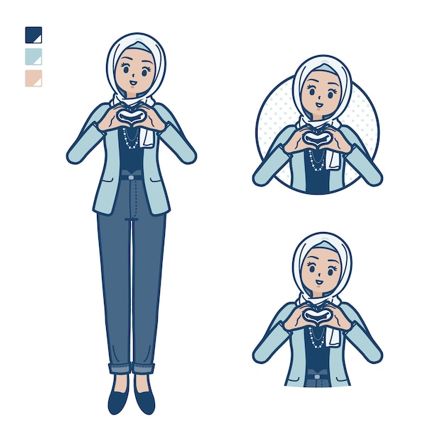 손 이미지로 하트 기호를 만드는 캐주얼 패션의 아랍 여성