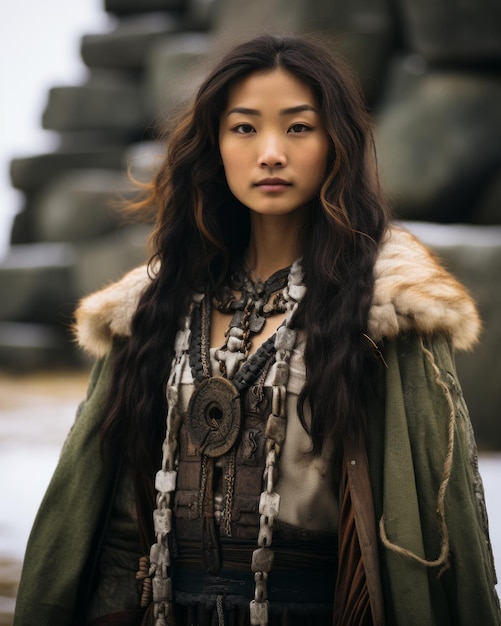 ベクトル an asian woman with long hair and a fur coat