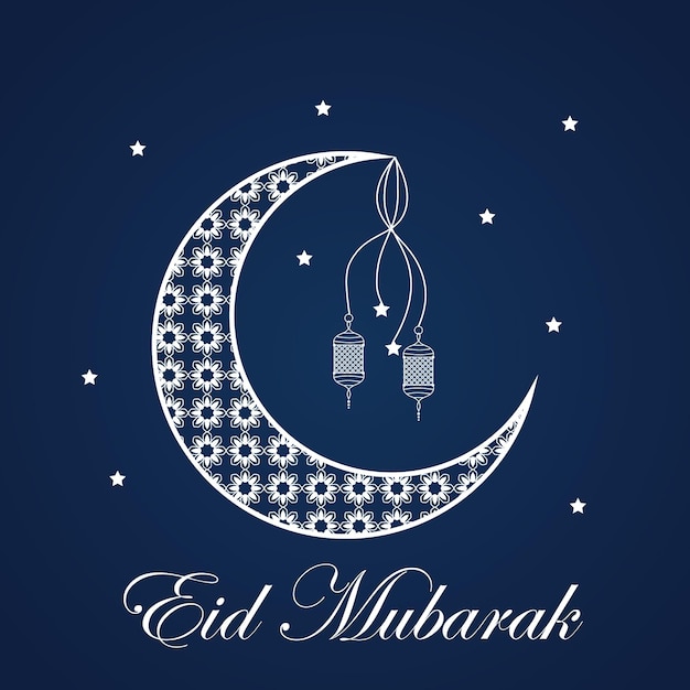 벡터 파란색 배경과 eid mubarak이라는 단어가 있는 초승달이 있는 eid mubarak