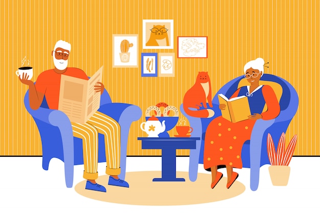 Пожилая пара остается дома во время карантина. старики проводят время вместе. бабушка и дедушка сидят на стульях и читают книги и газеты. пейте чай с домашней выпечкой. векторная иллюстрация плоский
