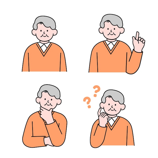 Пожилой мужчина в задумчивой позе задает вопросы и указывает пальцем на вектор простого стиля