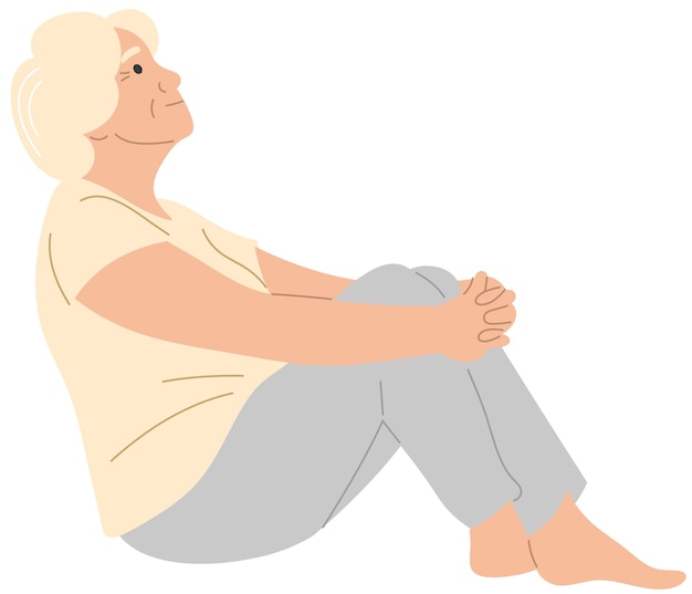 벡터 한 노인 여성이 바닥에 앉아 위를 올려다보고 있다