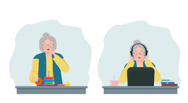 ベクトル 認知症アルツハイマー病の高齢女性とコンピューターで働く健康な女性