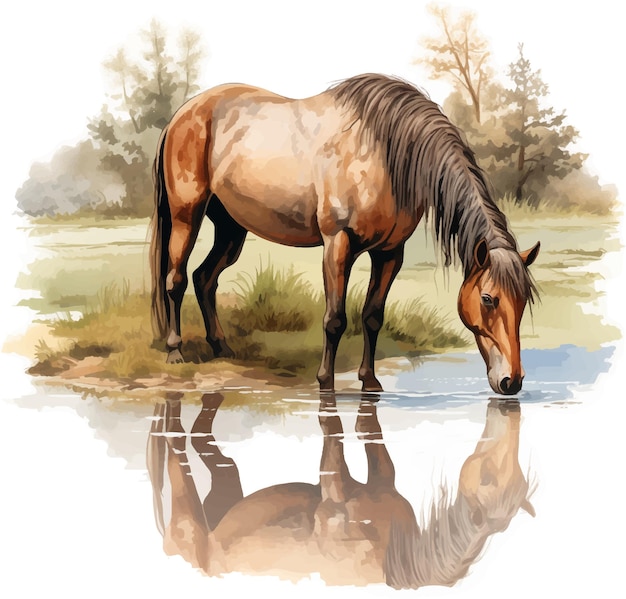 ベクトル 川で水を飲んでいる茶色の馬のイラスト