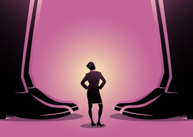 거대한 남자의 다리 사이에 서 있는 비즈니스 우먼의 삽화. 권위, 성별 문제 개념