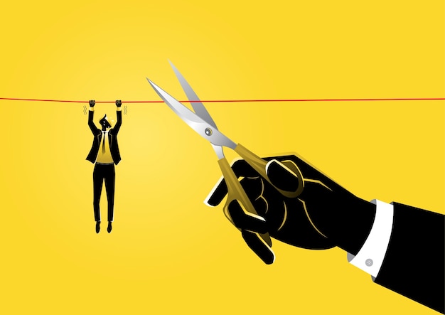 Вектор Иллюстрация бизнесмена, висящего на веревке, а гигантская рука с ножницами перерезает веревку