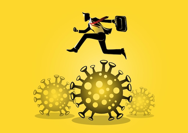Вектор Иллюстрация бизнесмена, перепрыгивающего, чтобы передать финансовую проблему, выживание во время пандемии, вспышку вируса