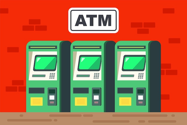 「atm」という標識が付いた緑色の atm マシンのイラスト。