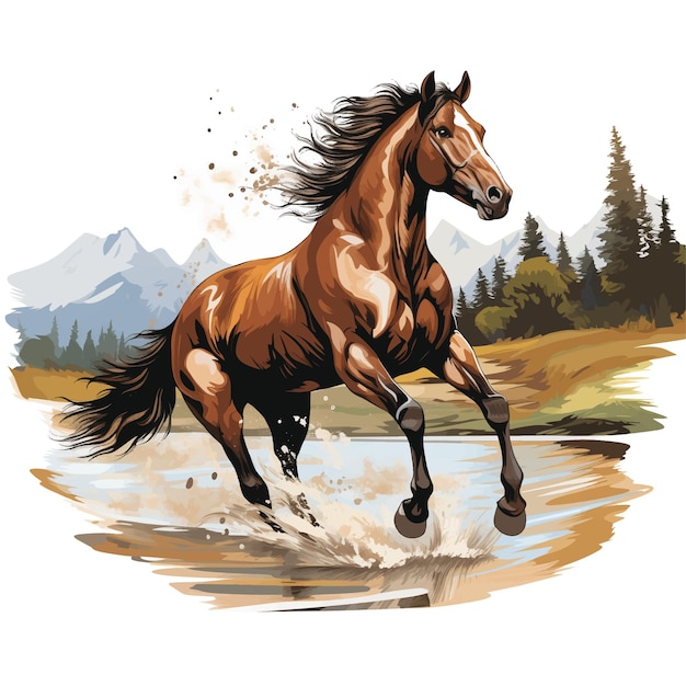 ベクトル 川を走る馬のイラスト