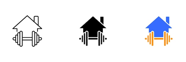 体力のバランスをとる概念を表すダンベルまたは重量を持つ家のイラスト ライン黒と分離されたカラフルなスタイルのアイコンのベクトルを設定