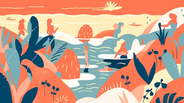 Вектор Иллюстрация мужчины и женщины в пейзаже с горами и озером и солнцем на дне.