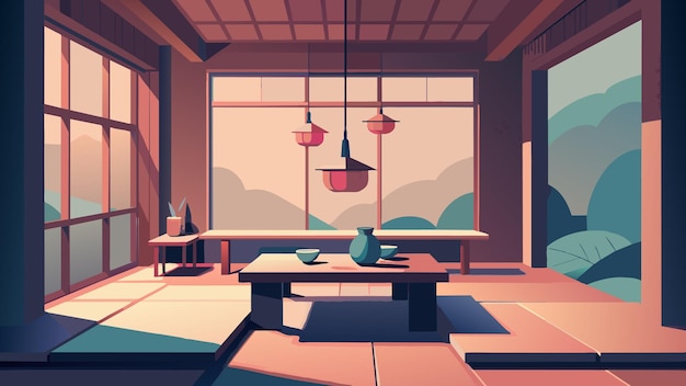 Вектор Иллюстрация спокойной чайной комнаты с мягким освещением и минимальным декором, обеспечивающей мирный и