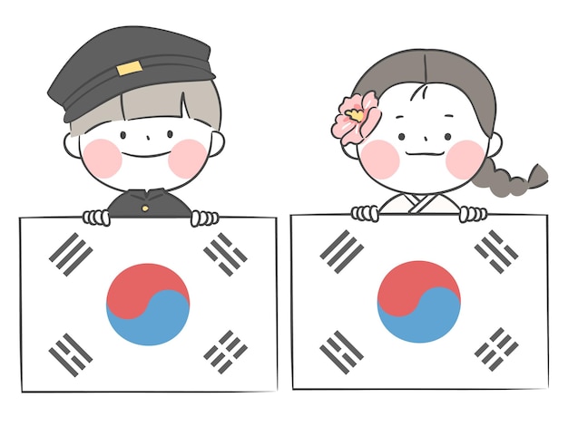 ベクトル 韓国国旗を掲げている学生のイラスト