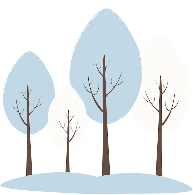 Иллюстрация с четырьмя деревьями со снегом зимой в мультяшном стиле