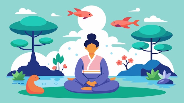 ベクトル an individual meditates in a serene garden surrounded by bonsai trees and a koi pond the caption