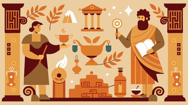 Вектор Сложный гобелен, изображающий сцены повседневной жизни в древней греции с свитками, на которых изображены стоики