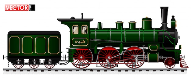 ベクトル 蒸気機関車と入札機を備えた緑色の古い機関車。側面図。トレースされた詳細とメカニズム。