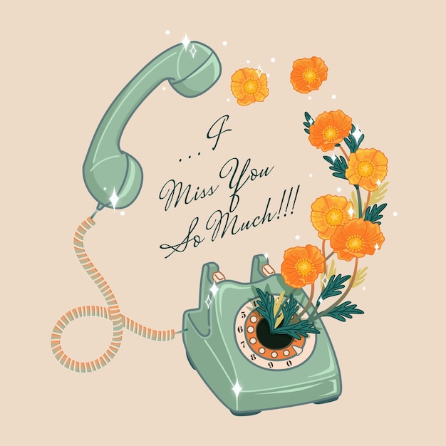 벡터 낡은 전화기와 꽃이 당신의 메시지를 보내요 당신이 너무 보고 싶어요
