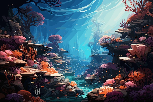 Вектор Подводный ландшафт с камнями, кораллами и морской травой