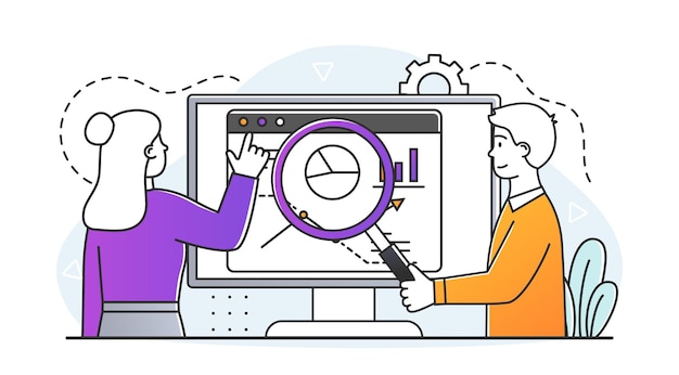 Analist with loupe man with magnifying glass looks at documents and reports employees check reports